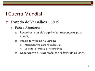 I Guerra MundialTratado de Versalhes – 1919Para a Alemanha:Reconhecia ter sido a principal responsável pela guerra;Perdia territórios na Europa:Alsácia/Lorena para os franceses;Corredor de Danzig para a Polónia;Abandonava as suas colónias em favor dos aliados.22