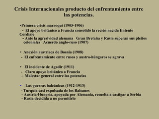 Crisis Internacionales producto del enfrentamiento entre las potencias. Primera crisis marroquí (1905-1906)  -  El apoyo británico a Francia consolidó la recién nacida Entente Cordiale   -  Ante la agresividad alemana  Gran Bretaña y Rusia superan sus pleitos  coloniales  Acuerdo anglo-ruso (1907) Anexión austr ia ca de Bosnia (1908) -  El enfrentamiento entre rusos y austro-húngaros se agrava    El incidente de Agadir (1911) -  Claro apoyo británico a Francia   -   Malestar general entre las potencias       Las guerras balcánicas (1912-1913) -  Turquía casi expulsada de los Balcanes    -  Austria-Hungría, apoyada por Alemania, resuelta a castigar a Serbia    -  Rusia decidida a no permitirlo 