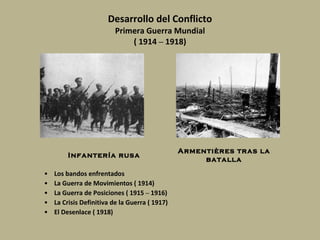 Desarrollo del Conflicto Primera Guerra Mundial ( 1914  –  1918) Los bandos enfrentados La Guerra de Movimientos ( 1914) La Guerra de Posiciones ( 1915  –  1916) La Crisis Definitiva de la Guerra ( 1917) El Desenlace ( 1918) Infantería rusa Armentières tras la batalla 