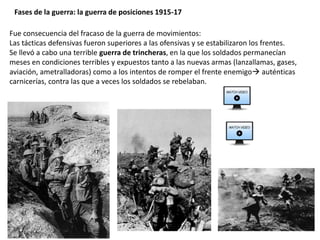 Fases de la guerra: la guerra de posiciones 1915-17
Fue consecuencia del fracaso de la guerra de movimientos:
Las tácticas defensivas fueron superiores a las ofensivas y se estabilizaron los frentes.
Se llevó a cabo una terrible guerra de trincheras, en la que los soldados permanecían
meses en condiciones terribles y expuestos tanto a las nuevas armas (lanzallamas, gases,
aviación, ametralladoras) como a los intentos de romper el frente enemigo auténticas
carnicerías, contra las que a veces los soldados se rebelaban.
 