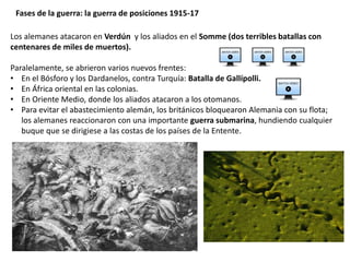 Fases de la guerra: la guerra de posiciones 1915-17
Los alemanes atacaron en Verdún y los aliados en el Somme (dos terribles batallas con
centenares de miles de muertos).
Paralelamente, se abrieron varios nuevos frentes:
• En el Bósforo y los Dardanelos, contra Turquía: Batalla de Gallípolli.
• En África oriental en las colonias.
• En Oriente Medio, donde los aliados atacaron a los otomanos.
• Para evitar el abastecimiento alemán, los británicos bloquearon Alemania con su flota;
los alemanes reaccionaron con una importante guerra submarina, hundiendo cualquier
buque que se dirigiese a las costas de los países de la Entente.
 