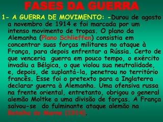 FASES DA GUERRA
1- A GUERRA DE MOVIMENTO: -Durou de agosto
a novembro de 1914 e foi marcada por um
intenso movimento de tropas. O plano da
Alemanha (Plano Schlieffen) consistia em
concentrar suas forças militares no ataque à
França, para depois enfrentar a Rússia. Certo de
que venceria guerra em pouco tempo, o exército
invadiu a Bélgica, o que violou sua neutralidade,
e, depois, de suplantá-la, penetrou no território
francês. Esse foi o pretexto para a Inglaterra
declarar guerra à Alemanha. Uma ofensiva russa
na frente oriental, entretanto, obrigou o general
alemão Moltke a uma divisão de forças. A França
salvou-se do fulminante ataque alemão na
Batalha do Marne (1914).
 