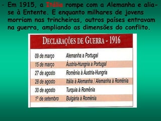 - Em 1915, a Itália rompe com a Alemanha e alia-
se à Entente. E enquanto milhares de jovens
morriam nas trincheiras, outros países entravam
na guerra, ampliando as dimensões do conflito.
 