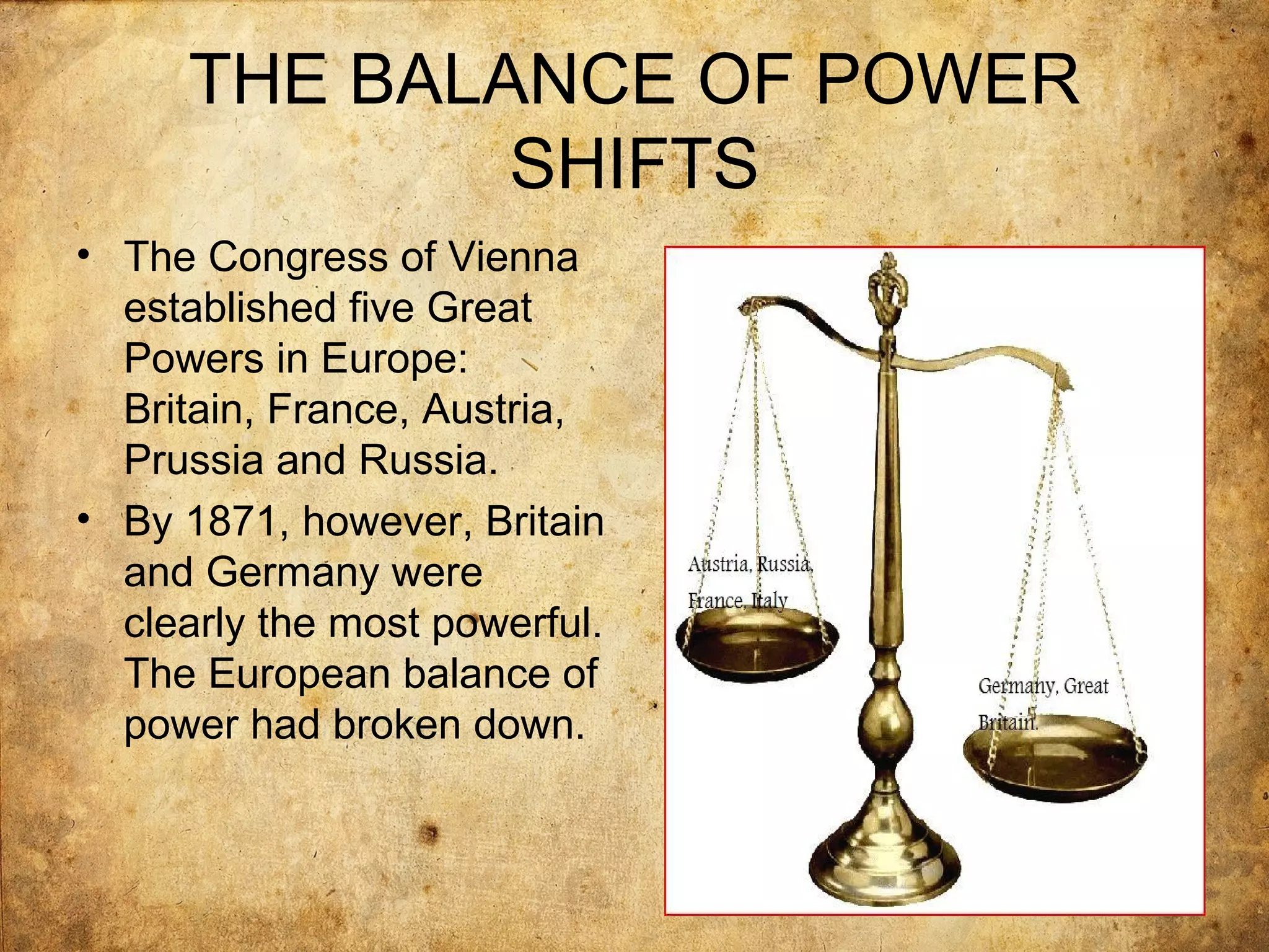 THE BALANCE OF POWER
             SHIFTS
• The Congress of Vienna
  established five Great
  Powers in Europe:
  Britain, France, Austria,
  Prussia and Russia.
• By 1871, however, Britain
  and Germany were
  clearly the most powerful.
  The European balance of
  power had broken down.
 