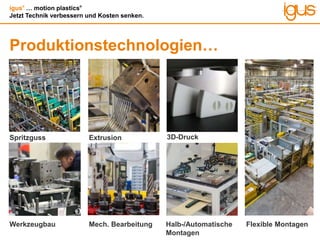 igus®
… motion plastics®
Jetzt Technik verbessern und Kosten senken.
Produktionstechnologien…
Spritzguss
Mech. Bearbeitung
Extrusion
Werkzeugbau Flexible MontagenHalb-/Automatische
Montagen
3D-Druck
 