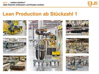 igus®
… motion plastics®
Jetzt Technik verbessern und Kosten senken.
Lean Production ab Stückzahl 1
 