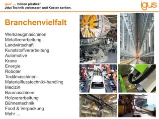 igus®
… motion plastics®
Jetzt Technik verbessern und Kosten senken.
Branchenvielfalt
Werkzeugmaschinen
Metallverarbeitung
Landwirtschaft
Kunststoffverarbeitung
Automotive
Krane
Energie
Roboter
Textilmaschinen
Materialflusstechnik/-handling
Medizin
Baumaschinen
Holzverarbeitung
Bühnentechnik
Food & Verpackung
Mehr ...
 