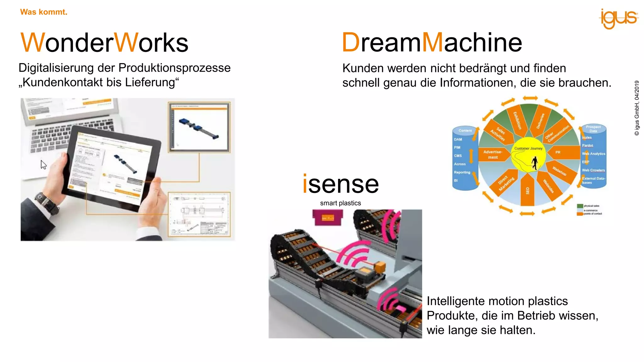 WonderWorks DreamMachine
Digitalisierung der Produktionsprozesse
„Kundenkontakt bis Lieferung“
Kunden werden nicht bedrängt und finden
schnell genau die Informationen, die sie brauchen.
isensesmart plastics
Was kommt.
Intelligente motion plastics
Produkte, die im Betrieb wissen,
wie lange sie halten.
©igusGmbH,04/2019
 