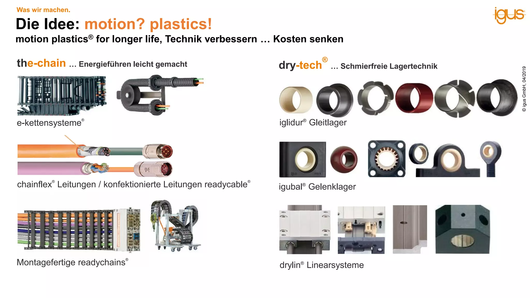 e-kettensysteme
®
Montagefertige readychains
®
iglidur®
Gleitlager
drylin®
Linearsysteme
dry-tech
®
… Schmierfreie Lagertechnikthe-chain … Energieführen leicht gemacht
chainflex
®
Leitungen / konfektionierte Leitungen readycable
®
igubal®
Gelenklager
Die Idee: motion? plastics!
motion plastics® for longer life, Technik verbessern … Kosten senken
Was wir machen.
©igusGmbH,04/2019
 