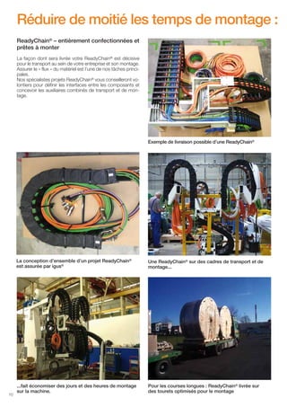 Réduire de moitié les temps de montage :
ReadyChain® – entièrement confectionnées et
prêtes à monter
La façon dont sera livrée votre ReadyChain® est décisive
pour le transport au sein de votre entreprise et son montage.
Assurer le « flux » du matériel est l’une de nos tâches principales.
Nos spécialistes projets ReadyChain® vous conseilleront volontiers pour définir les interfaces entre les composants et
concevoir les auxiliaires combinés de transport et de montage.

Exemple de livraison possible d’une ReadyChain®

La conception d’ensemble d’un projet ReadyChain®
est assurée par igus®

10

Une ReadyChain® sur des cadres de transport et de
montage...

...fait économiser des jours et des heures de montage
sur la machine.

Pour les courses longues : ReadyChain® livrée sur
des tourets optimisés pour le montage

 