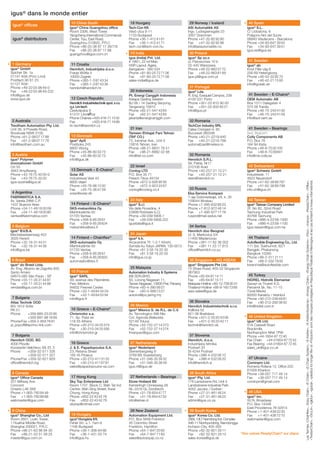 igus® dans le monde entier

igus® distributors

*

1 Germany
igus® GmbH
Spicher Str. 1a
51147 Köln (Porz-Lind)
Postfach 90 61 23
51127 Köln
Phone +49-22 03-96 49-0
Fax
+49-22 03-96 49-222
info@igus.de
www.igus.de

2 Australia
Treotham Automation Pty. Ltd.
Unit 36, 9 Powells Road,
Brookvale NSW 2100
Phone +61-2-99 07 17 88
Fax
+61-2-99 07 17 78
info@treotham.com.au

3 Austria
igus® Polymer
Innovationen GmbH
Ort 55
4843 Ampflwang
Phone +43-76 75-40 05-0
Fax
+43-76 75-32 03
igus-austria@igus.at

4 Argentina
FABRIMATICA S.A.
Av. Varela 2966 C.P.
1437 Buenos Aires
Phone +54-11-49 18 00 09
Fax
+54-11-49 19 00 80
ventas@fabrimatica.com

5 Belgium
igus® B.V.B.A.
Mechelsesteenweg 453
3020 Herent
Phone +32-16-31 44 31
Fax
+32-16-31 44 39
info@igus.be

6 Brazil
* igus do Brasil Ltda.

10 China South

18 Hungary

igus® China Guangzhou office
Room 2306, West Tower,
Yangcheng International Commercial
Center, Tiyu, East Road,
Guangzhou 510620, P.R.C
Phone +86-20-38 87 17 26/7/8
Fax
+86-20-38 87 17 68
guangzhou@igus.com.cn

29 Norway / Iceland

Tech-Con Kft.
Vésõ utca 9-11
1133 Budapest
Phone +36-1-412 41 61
Fax
+36-1-412 41 71
tech-con@tech-con.hu

ASI Automatikk AS
Ingv. Ludvigsensgate 23
3007 Drammen
Phone +47-32-82 92 90
Fax
+47-32-82 92 98
info@asiautomatikk.no

19
* igusIndia Pvt. Ltd.
(India)

30 Poland
igus® Sp zo.o
ul. Parowcówa 10 b
02-445 Warszawa
Phone +48-22-863 57 70
Fax
+48-22-863 61 69
igus.pl@igus.com.pl

# 199/1, 22 nd Main
HSR Layout, Agara,
Bangalore - 560 034
Phone +91-80-25 72 71 06
Fax
+91-80-25 72 71 08
sales-india@igus.de

11 Croatia
Hennlich, Industrijska d.o.o.
Franje Wölfla 4
10000 Zagreb
Phone +385-1-3 87 43 34
Fax
+385-1-3 87 43 36
hennlich@hennlich.hr

Hennlich Industrietechnik spol. s r.o.
o.z. Lin-tech
v
Ceskolipská 9
v
v
412 01 Litom rice
e
Phone Chaines +420-416-71 13 32
Fax
+420-416-71 19 99
lin-tech@hennlich.cz

32 Romania

21 Iran

igus® ApS
Postboks 243
8800 Viborg
Phone +45-86-60 33 73
Fax
+45-86-60 32 73
info@igus.dk

32 Romania

Conlog LTD
P.O. Box 35 71
Petach Tikva 49134
Phone +972-3-926 95 95
Fax
+972-3-923 33 67
conlog@conlog.co.il

Solar AS
Industrievej Vest 43
6600 Vejen
Phone +45-76-96 12 00
Fax
+45-75-36 47 59
solar@solar.dk

*

SKS-mekaniikka Oy
Martinkyläntie 50
01720 Vantaa
Phone +358-9-85 26 61
Fax
+358-9-85 26824
mekaniikka@sks.fi

SKS-automaatio Oy
Martinkyläntie 50
01720 Vantaa
Phone +358-9-85 26 61
Fax
+358-9-85 26820
automaatio@sks.fi

*

33 Russia

23 Italy
igus® S.r.l.
Via delle Rovedine, 4
23899 Robbiate (LC)
Phone +39-039 5906.1
Fax
+39-039 5906.222
igusitalia@igus.it

7 Bulgaria
Atlas Technik OOD
BG-1612 Sofia
PK 51
Phone
+359-885-23 25 95
+359-897-98 16 69
Phone/Fax +359-2-859 76 81
al_popoff@techno-link.com

7 Bulgaria
Hennlich OOD, BG
4000 Plovdiv
Konstantin Velichkov, 69, Et. 3
Phone
+359-32-511 326
+359-32-511 327
Phone/Fax +359-32-621 929
office@hennlich.bg

15 France

34 Serbia

24 Japan
igus® k.k.
Arcacentral 7F, 1-2-1 Kinshi,
Sumida-ku Tokyo JAPAN, 130-0013
Phone +81 3 58 19 20 30
Fax
+81 3 58 19 20 55
info@igus.co.jp

16 Greece – E-Chains

Chrismotor s.a.
71, Sp. Patsi str.
118 55 Athens
Phone +30-210-34 25 574
Fax
+30-210-34 25 595
info@chrismotor.gr

16 Greece
J. & E. Papadopoulos S.A.
23, Retsina Street
185 45 Piraeus
Phone +30-210-4113133
Fax
+30-210-4116781
sales@papadopoulos-sa.com

35 Singapore – HQ ASEAN

Automation Industry & Systems
(M) SDN.BHD.
50, Lorong Nagasari 11,
Taman Nagasari, 13600 Prai, Penang
Phone +60-4-390 56 07
Fax
+60-4-399 73 27
autoind@po.jaring.my

*

igus® México S. de R.L. de C.V.
Av. Tecnologico 496 Nte
Col. Agricola-Bellavista
52149 Toluca
Phone +52-722-27 14 273
Fax
+52-722-27 14 274
fmarquez@igus.com

*

37 Slovenia
Hennlich, d.o.o.
Industrijska tehnika
Podnart 33
SI-4244 Podnart
Phone +386-4-532 06 10
Fax
+386-4-532 06 20
info@hennlich.si

27 Netherlands
igus® Nederland
Sterrenbergweg 9
3769 BS Soesterberg
Phone +31-346-35 39 32
Fax
+31-346-35 38 49
igus.nl@igus.de

Sky Top Enterprises Ltd
Room 1707, Block C; Wah Tat Ind
Centre; Wah Sing Street; Kwai
Chung; Hong Kong
Phone +852-22 43 42 78
Fax
+852-22 43 42 79
skytop@ctimail.com

27 Netherlands – Bearings
Elcee Holland BV
Kamerlingh Onnesweg 28
NL-3316 GL Dordrecht
Phone +31-78-6544777
Fax
+31-78-6544733
info@elcee.nl

28 New Zealand
18 Hungary
igus Hungária Kft.
Fehér Srt. u.1. 7em.9
1106 Budapest
Phone +36-1-306-64 86
Fax
+36-1-431-03 74
info@igus.hu
®

igus® Pty. Ltd.
178 Lansdowne Rd, Unit 4
Landsdowne Industrial Park
4052 Jacobs / Durban
Phone +27-31-461 48 24
Fax
+27-31-461 48 25
admin@igus.co.za

Automation Equipment Ltd.
P.O. Box 5656 Frankton
45 Colombo Street
Frankton, Hamilton
Phone +64-7-847 20 82
Fax
+64-7-847 71 60
sales@autoequip.co.nz

*

39 South Korea

46 United Kingdom
igus® UK Ltd.
51A Caswell Road
Brackmills
Northampton NN4 7PW
Phone +44-1604-67 72 40
Fax Chain +44-01604 67 72 42
Fax Bearing +44-01604 67 72 45
sales_uk@igus.co.uk

47 Ukraine
Cominpro Ltd.
Romena Rollana 12, Office 220
61058 Kharkov
Phone +38-057 717 49 14
Fax
+38-057 717 49 14
cominpro@gmail.com

38 South Africa
17 Hong Kong

9 China
igus® Shanghai Co., Ltd
Room 2601, Liulin Tower,
1 Huaihai Middle Road,
Shanghai 200021, P.R.C
Phone +86-21-63 86 94 30
Fax
+86-21-53 51 09 25
master@igus.com.cn

45 Turkey
HIDREL Hidrolik Elemanlar
Sanayi ve Ticaret A.S.
Percemli Sk. No. 11-15
Tünel Mevkii
80000 Karaköy / Istanbul
Phone +90-212-249 48 81
Fax
+90-212-292 08 50
info@hidrel.com.tr

36 Slovakia
Hennlich Industrietechnik s.r.o.
v
Kosicka 52
821 08 Bratislava
Phone +421-2-50 20 43 08
Fax
+421-2-50 20 43 11
technik@hennlich.sk

8 Canada
igus® Office Canada
201 Millway Ave.
Concord
Ontario L4K 5K8
Phone +1-905-760 84 48
Fax
+1-905-760 86 88
webmaster@igus.com

44 Thailand
Autoflexible Engineering Co., Ltd.
111 Soi. Sukhumvit, 62/1
Bangjak, Phakanong
Bangkok 10260
Phone +66-2-311 2111
Fax
+66-2-332 79 00
kwanchai@autoflexible.com

igus® Singapore Pte Ltd.
15 Shaw Road, #03-02 Singapore
367953
Phone +65-64 87 14 11
Fax
+65-64 87 15 11
Malaysia-Hotline +60-12-709 30 41
Thailand-Hotline +66-9-160 73 69
asia-sales@igus.de

26 Mexico
®

43 Taiwan
igus® Taiwan Company Limited
2F, No 82, 32nd Road
Taichung Industrial Park
40768 Taichung
Phone +886-4-23 58-1000
Fax
+886-4-23 58-1100
igus-taiwan@igus.com.tw

Hennlich doo Beograd
Ul. S. Markovica 3/4
11400 Mladenovac
Phone +381-11 82 36 002
Fax
+381 11 23 17 815
office@hennlich.co.yu

25 Malaysia
igus® SARL
49, avenue des Pépinières
Parc Médicis
94832 Fresnes Cedex
Phone +33-1-49 84 04 04
Fax
+33-1-49 84 03 94
info@igus.fr

42 Switzerland
igus® Schweiz GmbH
Industriestr. 11
4623 Neuendorf
Phone +41-62-38 89 797
Fax
+41-62-38 89 799
info.ch@igus.ch

Eka-Service Kompani
1-aja Dubrowskaja, 2A, k. 35
109044 Moskau
Phone +7-495-632 66 23
Phone +7-812-972 49 14
Fax
+7-495-677 17 78
ruspro@mail.wplus.net

®

Av. Eng. Alberto de Zagottis 655
Santo Amaro
04675-085 São Paulo - SP
Phone +55-11-35 31 44 87
Fax
+55-11-35 31 44 88
vendas@igus.com.br

41 Sweden – Bearings
incl. DryLin®:
Colly Components AB
P.O. Box 76
164 94 Kista
Phone +46-8-7030100
Fax
+46-8-7039841
info@me.colly.se

Hennlich S.R.L.
Str. Patria, Nr17
310106 Arad
Phone +40-257-21 10 21
Fax
+40-257-21 10 21
stein@hennlich.ro

22 Israel
13 Denmark – E-Chains®

41 Sweden – E-Chains®
OEM Automatic AB
Box 1011 Dalagatan 4
573 28 Tranås
Phone +46-75-2424100
Fax
+46-75-2424159
info@aut.oem.se

TechCon Industry SRL
Calea Crangasi nr. 60
Bucuresti 060346
Phone +40-21-2219-640
Fax
+40-21-2219-766
automatizari@meteor.ro

Tameen Ehtiajat Fani Tehran
(TAF CO.)
72, Iranshar Ave., Unit 5
15816 Tehran, Iran
Phone +98-21-8831 78 51
Fax
+98-21-8882 02 68
info@taf-co.com

13 Denmark

14 Finland – Chainflex®

41 Sweden

igus® Lda.
R. Eng. Ezequiel Campos, 239
4100-231 Porto
Phone +351-22-610 90 00
Fax
+351-22-832 83 21
info@igus.pt

Pt. Energi Canggih Indonesia
Kelapa Gading Selatan
BJ 08 / 14 Gading Serpong
Tangerang 15810
Phone +62-21-547 43 64
Fax
+62-21-547 43 65
jakarta@energicanggih.com

40 Spain
igus® S.L.
C/ Llobatona, 6
Polígono Noi del Sucre
08840 Viladecans - Barcelona
Phone +34-93-647 39 50
Fax
+34-93-647 39 51
igus.es@igus.es

igus® ab
Knut Påls väg 8
256 69 Helsingborg
Phone +46-42-32 92 70
Fax
+46-42-21 15 85
info@igusab.se

31 Portugal
20 Indonesia

12 Czech Republic

14 Finland – E-Chains®

*

*

48 USA
igus® inc.
50 N. Broadway
P.O. Box 14349
East Providence, RI 02914
Phone +1-401-438 22 00
Fax
+1-401-438 72 70
webmaster@igus.com

igus® Korea Co. Ltd.
25BL 13LT Namdong Ind. Complex
446-11 Nonhyundong, Namdonggu
Incheon City, 405-300
Phone +82-32-821 29 11
*Vos usines ReadyChain® sur place
Fax
+82-32-821 29 13
sales-korea@igus.de

Les Termes »Chainflex«, »Easy Chain«, »E-Chain«, »E-Chain System«, »E-Ketten«, »E-KettenSysteme«, »Energy Chain«, »Energy Chain Systems«, »Flizz«, »manus«, »ReadyChain«, »Triflex«,
»TwisterChain«, »DryLin«, »iglidur«, »igubal«, »plastics for longer life« et »Polysorb« sont des marques protégées en République Fédérale d'Allemagne et les cas échéant à niveau international.

igus® offices

 