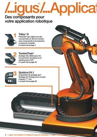 FR-ROBOTICS 11-2008

17.11.2008

17:12 Uhr

Seite 2

/
...igus/
...Applicat
®

Des composants pour
votre application robotique

1

Triflex R

2

TwisterChain

3

Système E4.1

®

Protection des câbles lors des
mouvements en 3D et en torsion
avec composants et accessoires.
La gamme complète
à partir de la page 4

®

Guidage des câbles pour les
mouvements circulaires et en
spirale jusqu’à 540°
à partir de la page 26

®

et goulottes de guidage igus
Guidage de l’énergie pour courses
longues / 7 axe
à partir de la page 28
ème

2 /...igus une solution à tout(s) prix pour la robotique... /...igus une solution à tout(s) prix pour la robotique...
®

®

 