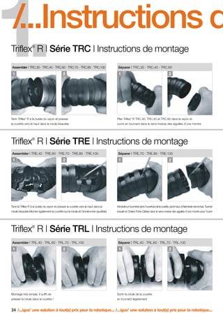 FR-ROBOTICS 11-2008

17.11.2008

17:14 Uhr

Seite 24

1.

/...Instructions d

Triflex R | Série TRC | Instructions de montage
®

Assembler | TRC.30 · TRC.40 · TRC.60 · TRC.70 · TRC.85 · TRC.100

Séparer | TRC.30 · TRC.40 · TRC.60

1

1

2

2

Tenir Triflex R à la butée du rayon et presser

Plier Triflex R TRC.30, TRC.40 et TRC.60 dans le rayon et

la cuvette vers le haut dans la rotule bisautée

ouvrir en tournant dans le sens inverse des aiguilles d’une montre

®

®

Triflex R | Série TRE | Instructions de montage
®

Assembler | TRE.40 · TRE.60 · TRE.70 · TRE.85 · TRE.100

Séparer | TRE.70 · TRE.85 · TRE.100

1

1

2

2

Tenir la Triflex R à la butée du rayon et presser la cuvette vers le haut dans la

Introduire un tournevis dans l’ouverture de la cuvette, par le haut, et faire levier vers le bas. Tourner

rotule bisautée Monter également la cuvette sur la rotule et l’enclencher (audible)

ensuite la Chaîne Porte-Câbles dans le sens inverse des aiguilles d’une montre pour l’ouvrir

Triflex R | Série TRL | Instructions de montage
®

Assembler | TRL.40 · TRL.60 · TRL.70 · TRL.100

Séparer | TRL.40 · TRL.60 · TRL.70 · TRL.100

1

1

2

2

Montage très simple. Il suffit de

Sortir la rotule de la cuvette

presser la rotule dans la cuvette !

en tournant légèrement

24 /...igus une solution à tout(s) prix pour la robotique... /...igus une solution à tout(s) prix pour la robotique...
®

®

 