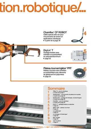 FR-ROBOTICS 11-2008

17.11.2008

17:12 Uhr

Seite 3

ation.robotique/
...
4

®

Chainflex CF ROBOT
Câble spécial ultra sûr pour
mouvements de torsion et
applications robotiques
à partir de la page 30

5

®

DryLin T
Guidage linéaire sans
entretien et autolubrifiant
en polymère/aluminium
page 32

®

Plateau tournant iglidur PRT
Plateau tournant sans entretien
et autolubrifiant avec éléments
de glissement en polymères
page 33

6

Sommaire
1
2
3
4
5
6
7
8
9
10

Triflex R - pour la robotique
à partir de la page 4
®

TwisterChain - mouvements circulaires et en spirale
à partir de la page 26
®

Système E4.1 - guidage de l’énergie, courses longues
à partir de la page 28
Chainflex - pour la robotique
à partir de la page 30
®

DryLin T - guidage linéaire en polymère
page 32
®

iglidur PRT - plateau tournant
page 33
®

La qualité igus
page 34

®

Le montage et l’étude igus
page 35

®

igus en ligne
page 36
®

igus en fance
page 37
®

/...igus une solution à tout(s) prix pour la robotique... /...igus une solution à tout(s) prix pour la robotique... 3
®

®

 