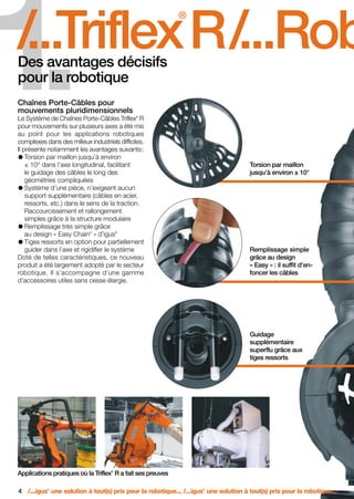 FR-ROBOTICS 11-2008

17.11.2008

17:12 Uhr

Seite 4

1.

/...Triflex R/...Rob
®

Des avantages décisifs
pour la robotique

Chaînes Porte-Câbles pour
mouvements pluridimensionnels

Le Système de Chaînes Porte-Câbles Triflex R
pour mouvements sur plusieurs axes a été mis
au point pour les applications robotiques
complexes dans des milieux industriels difficiles.
Il présente notamment les avantages suivants :
Torsion par maillon jusqu’à environ
± 10° dans l’axe longitudinal, facilitant
le guidage des câbles le long des
géométries compliquées
Système d’une pièce, n’exigeant aucun
support supplémentaire (câbles en acier,
ressorts, etc.) dans le sens de la traction.
Raccourcissement et rallongement
simples grâce à la structure modulaire
Remplissage très simple grâce
au design « Easy Chain » d’igus
Tiges ressorts en option pour partiellement
guider dans l’axe et rigidifier le système
Doté de telles caractéristiques, ce nouveau
produit a été largement adopté par le secteur
robotique. Il s’accompagne d’une gamme
d’accessoires utiles sans cesse élargie.
®

®

Torsion par maillon
jusqu’à environ ± 10°

®

Remplissage simple
grâce au design
« Easy » : il suffit d’enfoncer les câbles

Guidage
supplémentaire
superflu grâce aux
tiges ressorts

®

Applications pratiques où la Triflex R a fait ses preuves
4 /...igus une solution à tout(s) prix pour la robotique... /...igus une solution à tout(s) prix pour la robotique...
®

®

 