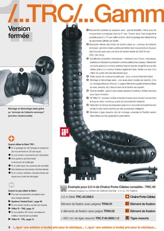 FR-ROBOTICS 11-2008

17.11.2008

17:13 Uhr

1.

Seite 8

/...TRC/...Gamme
Version
fermée

Mouvement possible sur plusieurs axes - grande flexibilité, même pour les
mouvements compliqués dans le 6 axe. Torsion dans l’axe longitudinal
ème

possible jusqu’à ± 10° par maillon environ. Ainsi, le guidage des câbles le long
de géométries difficiles est facilité
Absorption élevée des forces de traction grâce au « principe de l’attache
remorque » (jonction rotule/cuvette) permettant des mouvements en douceur
dans tous les axes avec une force de traction testée de 2340 N max
(TRC 100.145.0)
Excellentes propriétés mécaniques - résistance aux chocs, robustesse,
résistance à l’abrasion et protection contre la saleté et les copeaux. Glissement
sur bords grâce à un contour extérieur lisse et robuste, longévité accrue des
câbles grâce à un contour intérieur également lisse. Testée sur plus d’un
million de cycles dans les laboratoires igus

®

Petits rayons de courbure et petits pas - pour un encombrement réduit
Montage et démontage aisés - une seule pièce moulée par injection, d’où
un montage réduit au minimum. L’usage d’éléments supplémentaires (câbles
en acier, ressorts, etc.) dans le sens de la traction est superflu
Grande stabilité - grâce à des butées placées à l’extérieur. Butées franches
pour rayon et torsion
Kit Triflex R - nouveau module universel compact pour tous les mouvements
®

le long du robot, monté aux points de raccordement existants
Réduction du temps de préparation grâce à un raccordement extrêmement
Montage et démontage aisés grâce

simple à votre robot/machine par des accessoires intelligents

au "principe de l’attache remorque"

Modules à tiges ressorts, kits de montage universels et FlexBar restent

(jonction rotule/cuvette)

disponibles pour les applications particulières

Quand utiliser la Série TRC :
Si un guidage sûr de l’énergie en présence
de mouvements en 3D est requis
Si une torsion importante est nécessaire
Si le système doit être facile
à raccourcir et à rallonger
Si un petit rayon de courbure est souhaité
Si la résistance à la traction doit être élevée
Si un contour extérieur robuste et lisse est
requis pour éviter les blocages

Exemple pour 2,0 m de Chaîne Porte-Câbles complète - TRC.40
Quand ne pas utiliser la Série :

(Indiquer longueur ou nombre de maillons) Exemple : 2 m ou 144 maillons

Pour les mouvements circulaires avec

2,0 m Série TRC.40.058.0

des charges élevées

Chaîne Porte-Câbles

Elément de fixation avec peignes TR40.01

Elément de fixation

2 éléments de fixation sans peigne TR40.02

Elément de fixation

+ 600 mm de tiges ressorts TRC.F.40.0600.1.0

Tiges ressorts

Système TwisterChain , page 26
®

Si une version facile à remplir est requise
Triflex R - TRE, page 10
®

Si une solution 3D moins complexe et
meilleur marché est souhaitée
Triflex R - TRL, page 12
®

8 /...igus une solution à tout(s) prix pour la robotique... /...igus une solution à tout(s) prix pour la robotique...
®

®

 