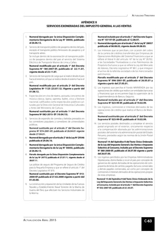 Actualidad Tributaria
Actualidad Empresarial
C-63
1.	 Numeral derogado por la única Disposición Comple-
mentaria Derogatoria de la Ley N° 30050, publicado
el 26.06.13.
2.	 Servicio de transporte público de pasajeros dentro del país,
excepto el transporte público ferroviario de pasajeros y el
transporte aéreo.
	 Se incluye dentro de la exoneración al transporte públi-
co de pasajeros dentro del país al servicio del Sistema
Eléctrico de Transporte Masivo de Lima y Callao.
	 Numeral modificado por el artículo 1° del Decreto
Supremo N° 180-2007-EF, publicado el 22.11.07,
vigente desde el 23.11.07.
3. 	 Servicios de transporte de carga que se realice desde el país
hacia el exterior y el que se realice desde el exterior hacia el
país.
	 Numeral modificado por el artículo 2º del Decreto
Legislativo Nº 1125 (23.07.12). Vigente a partir del
01.08.12.
4. 	 Espectáculos en vivo de teatro, zarzuela, conciertos de
música clásica, ópera, opereta, ballet, circo y folclore
nacional, calificados como espectáculos públicos cul-
turales por la Dirección General de Industrias Culturales
y Artes del Ministerio de Cultura.
	 Numeral sustituido por el artículo 1º del Decreto
Supremo Nº 082-2015- EF (10.04.15).
5.	 Servicios de expendio de comidas y bebidas prestados en
los comedores populares y comedores de universidades
públicas.
	 Numeral sustituido por el artículo 2° del Decreto Su-
premo N° 074-2001-EF, publicado el 26.04.01 vigente
desde 27.04.01.
6. 	 Numeralderogadoporelartículo2°delaLeyNº29546
publicada el 29.06.10.
7. 	 Numeral derogado por la única Disposición Comple-
mentaria Derogatoria de la Ley N° 30050, publicado
el 26.06.13.
8.	 Párrafo derogado por la Única Disposición Complementaria
de la Ley Nº 29772 publicada el 27.07.11, vigente desde el
28.07.11.
	 Las pólizas de seguro del Programa de Seguro de Crédito
para la Pequeña Empresa a que se refiere el artículo 1° del
Decreto Legislativo N° 879.
	 Numeral sustituido por el Decreto Supremo N° 013-
2000-EF publicado el 27.02.2000 vigente a partir del
01.03.00.
9. 	 La construcción y reparación de las Unidades de las Fuerzas
Navales y Establecimiento Naval Terrestre de la Marina de
Guerra del Perú que efectúen los Servicios Industriales de
la Marina.
	 Numeralincluidoporelartículo1°delDecretoSupre-
mo N° 107-97-EF, publicado el 12.08.97.
10.	 Numeralderogadoporelartículo2°delaLeyN°28057
publicada el 08.08.03, vigente desde 09.08.03.
11. 	Los intereses que se perciban, con ocasión del cobro
de la cartera de créditos transferidos por Empresas de
Operaciones Múltiples del Sistema Financiero a que se
refiere el literal A del artículo 16° de la Ley N° 26702,
a las Sociedades Titulizadoras o a los Patrimonios de
Propósito Exclusivo a que se refiere la Ley del Mercado
de Valores, Decreto Legislativo N° 861, y que integran
el activo de la referida sociedad o de los mencionados
patrimonios.
	 Párrafo modificado por el artículo 2° del Decreto
Supremo N° 096-2001-EF, publicado el 26.05.01 y
vigente a partir del 27.05.01.
12. 	Los ingresos que perciba el Fondo MIVIVIENDA por las
operaciones de crédito que realice con entidades bancarias
y financieras que se encuentren bajo la supervisión de la
Superintendencia de Banca y Seguros.
	 Numeral incluido por el artículo 2° del Decreto
Supremo N° 023-99-EF, publicado el 19.02.99.
13. 	Los ingresos, comisiones e intereses derivados de las
operaciones de crédito que realice el Banco de Mate-
riales.
	 Numeral sustituido por el artículo 2° del Decreto
Supremo N° 023-99-EF, publicado el 19.02.99.
14. 	Los servicios postales destinados a completar el servicio
postal originado en el exterior, únicamente respecto
a la compensación abonada por las administraciones
postales del exterior a la administración postal del Estado
Peruano, prestados según las normas de la Unión Postal
Universal.
	 Numeral 14 del Apéndice II del Texto Único Ordenado
de la Ley del Impuesto General a lasVentas e Impuesto
Selectivo al Consumo, incluido por el Decreto Supremo
N° 080-2000-EF, publicado el 26.07.00 vigente a partir
del26.07.00.
15. 	Los ingresos percibidos por las Empresas Administradoras
Hipotecarias, domiciliadas o no en el país, por concepto de
ganancias de capital, derivadas de las operaciones de com-
praventa de letras de cambio, pagarés, facturas comerciales
y demás papeles comerciales, así como por concepto de
comisioneseinteresesderivadosdelasoperacionespropias
de estas empresas.
Numeral 15 del Apéndice II del Texto Único Ordenado de la
LeydelImpuesto General a lasVentas e Impuesto Selectivo
al Consumo, incluido por el artículo 1° del Decreto Supremo
N° 032-2007-EF, publicado el 22 .03.07.
APÉNDICE II
SERVICIOS EXONERADAS DEL IMPUESTO GENERAL A LAS VENTAS
Actualización Abril 2015
 