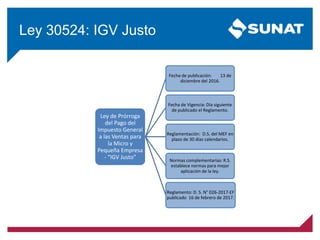 Ley 30524: IGV Justo
Ley de Prórroga
del Pago del
Impuesto General
a las Ventas para
la Micro y
Pequeña Empresa
- “IGV Justo”
Fecha de publicación: 13 de
diciembre del 2016.
Fecha de Vigencia: Día siguiente
de publicado el Reglamento.
Reglamentación: D.S. del MEF en
plazo de 30 días calendarios.
Normas complementarias: R.S.
establece normas para mejor
aplicación de la ley.
Reglamento: D. S. N° 026-2017-EF
publicado 16 de febrero de 2017.
 