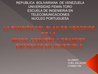 REPUBLICA BOLIVARIANA DE VENEZUELA
UNIVERSIDAD FEMIN-TORO
ESCUELA DE INGENIERIA EN
TELECOMUNICACIONES
NUCLEO PORTUGUESA
ALUMNO:
YOEL SALAZAR
C16862178I
 