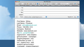 First Name : Wilma Last Name : Flinstone Email :  [email_address] Phone : 720-555- 1 212 Company : Bedrock Website : www.bedrock.com So urce : googleMed ium : organicTerm : web analytics geniuzContent : -Campaign : (organic)Segment : (not set)Number of Visits : 2 ium : organicTerm : web analytics geniuzContent : -Campaign : (organic)Segment : (not set)Number of Visits : 2 