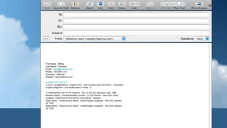 First Name : Wilma Last Name : Flinstone Email :  [email_address] Phone : 720-555- 1 212 Company : Bedrock Website : www.bedrock.com = =ANALYTIC DATA== S ource : googleMedium : organicTerm : web analytics geniuzContent : -Campaign : (organic)Segment : (not set)Number of Visits : 2 ==HARDWARE DATA==IP Address : 99.117.001.001 Machine Type : i686 Browser Name : Chrome Browser Version : 12 OS Version : Mac OSX Snow Leopard ==GEOLOCATION DATA==City Name : Houston  State Name : TexasCountry Name : United States Longitude : -95.4152 Latitude: 29.7755  State Name : TexasCountry Name : United States Longitude : -95.4152 Latitude: 29.7755  