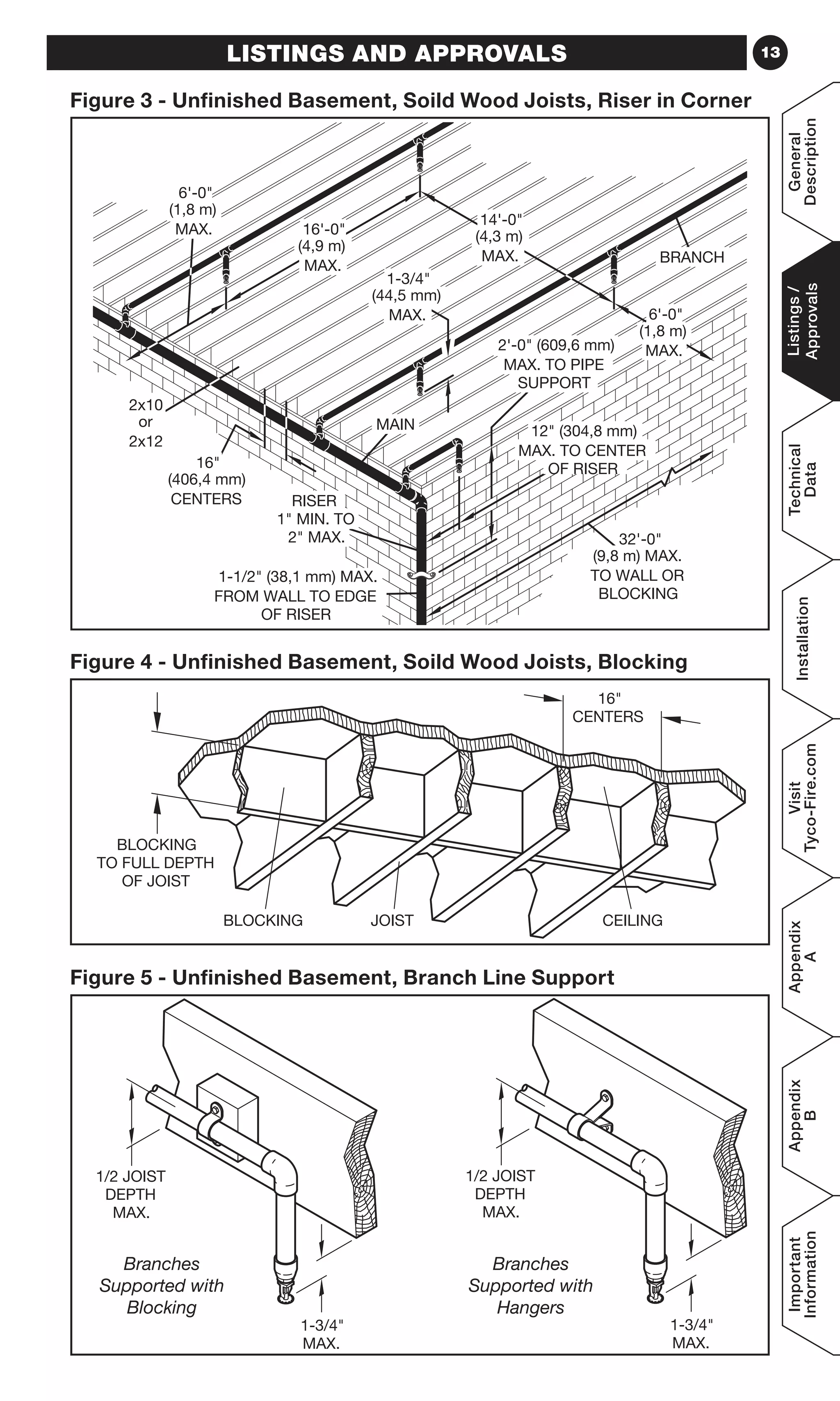 13LISTINGS AND APPROVALS
Branches
Supported with
Blocking
Branches
Supported with
Hangers
DEPTH
MAX.
1/2 JOIST
1-3/4
MAX.
DEPTH
MAX.
1/2 JOIST
1-3/4
MAX.
Figure 5 - Unfinished Basement, Branch Line Support
MAIN
FROM WALL TO EDGE
OF RISER
1-1/2 (38,1 mm) MAX.
1 MIN. TO
2 MAX.
RISER
BRANCH
16'-0
(4,9 m)
MAX.
14'-0
(4,3 m)
MAX.
6'-0
(1,8 m)
MAX.
(44,5 mm)
MAX.
1-3/4
16
(406,4 mm)
CENTERS
or
2x12
2x10
6'-0
(1,8 m)
MAX.
MAX. TO CENTER
12 (304,8 mm)
OF RISER
TO WALL OR
BLOCKING
(9,8 m) MAX.
32'-0
MAX. TO PIPE
2'-0 (609,6 mm)
SUPPORT
Figure 3 - Unfinished Basement, Soild Wood Joists, Riser in Corner
16
CENTERS
JOIST CEILINGBLOCKING
TO FULL DEPTH
OF JOIST
BLOCKING
Figure 4 - Unfinished Basement, Soild Wood Joists, Blocking
General
Description
Listings/
Approvals
Technical
Data
Installation
Visit
Tyco-Fire.com
Appendix
A
Appendix
B
Important
Information
 