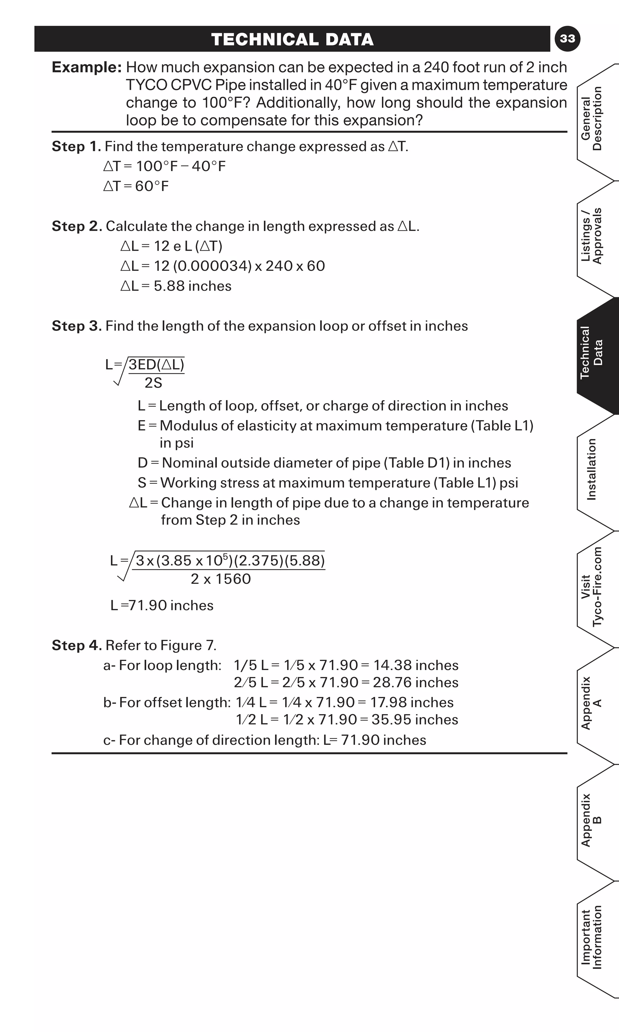 33TECHNICAL DATA
Example: How much expansion can be expected in a 240 foot run of 2 inch
TYCO CPVC Pipe installed in 40°F given a maximum temperature
change to 100°F? Additionally, how long should the expansion
loop be to compensate for this expansion?
Step 1. Find the temperature change expressed as ∆T.
	 	 	 ∆T = 100°F – 40°F
	 	 	 ∆T = 60°F
Step 2. Calculate the change in length expressed as ∆L.
	 	 	 	 ∆L = 12 e L (∆T)
	 	 	 	 ∆L = 12 (0.000034) x 240 x 60
	 	 	 	 ∆L = 5.88 inches
Step 3. Find the length of the expansion loop or offset in inches
	 	 	 	 	 L = Length of loop, offset, or charge of direction in inches
	 	 	 	 	 E = Modulus of elasticity at maximum temperature (Table L1)
in psi
	 	 	 	 	 D = Nominal outside diameter of pipe (Table D1) in inches
	 	 	 	 	 S = Working stress at maximum temperature (Table L1) psi
	 	 	 	   ∆L = Change in length of pipe due to a change in temperature
from Step 2 in inches
	 	 	   L =71.90 inches
Step 4. Refer to Figure 7.
	 	 	 a- For loop length:   1/5 L = 1⁄5 x 71.90 = 14.38 inches
2⁄5 L = 2⁄5 x 71.90 = 28.76 inches
	 	 	 b- For offset length: 1⁄4 L = 1⁄4 x 71.90 = 17.98 inches
1⁄2 L = 1⁄2 x 71.90 = 35.95 inches
	 	 	 c- For change of direction length: L= 71.90 inches
General
Description
Listings/
Approvals
Technical
Data
Installation
Visit
Tyco-Fire.com
Appendix
A
Appendix
B
Important
Information
 