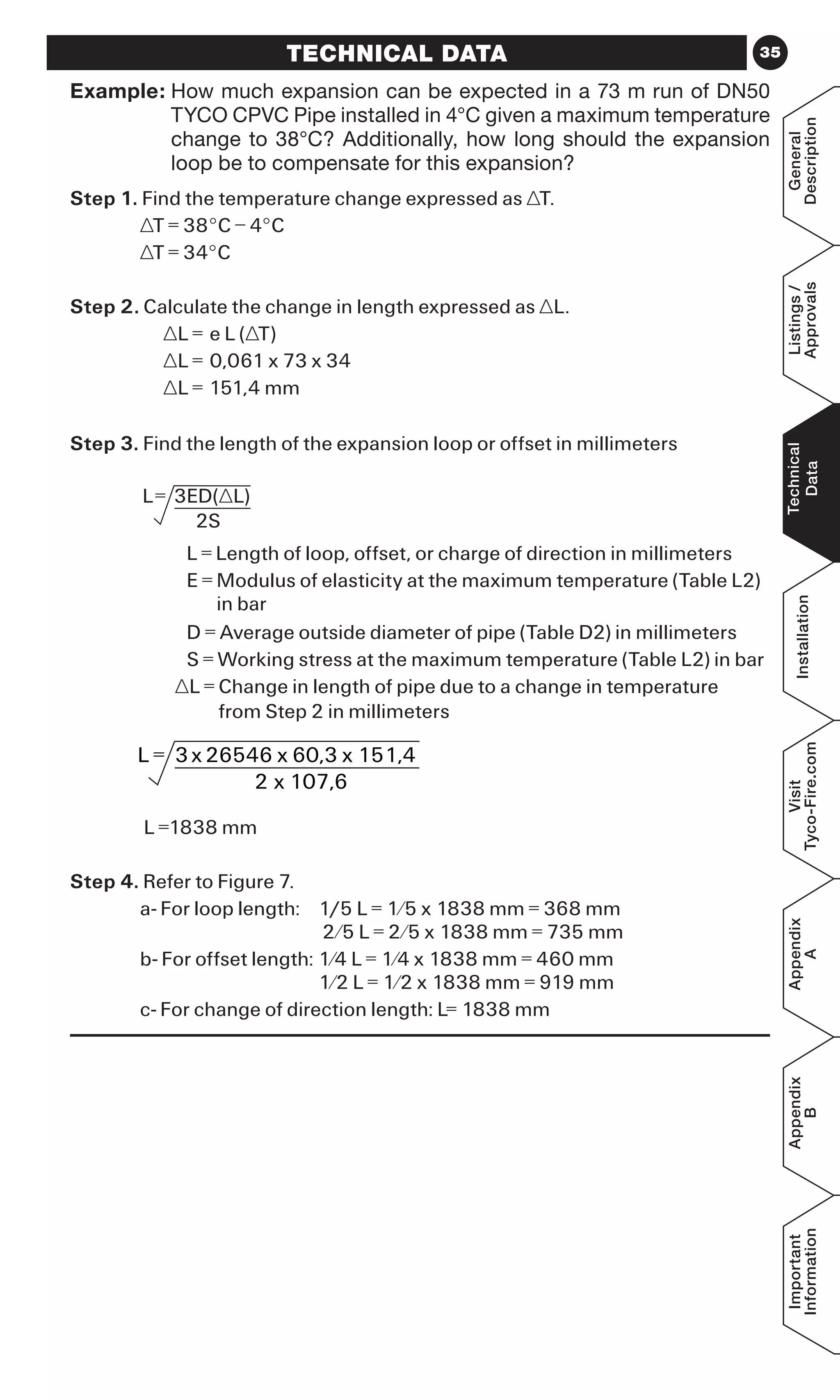 35TECHNICAL DATA
Example: How much expansion can be expected in a 73 m run of DN50
TYCO CPVC Pipe installed in 4°C given a maximum temperature
change to 38°C? Additionally, how long should the expansion
loop be to compensate for this expansion?
Step 1. Find the temperature change expressed as ∆T.
	 	 	 ∆T = 38°C – 4°C
	 	 	 ∆T = 34°C
Step 2. Calculate the change in length expressed as ∆L.
	 	 	 	 ∆L = e L (∆T)
	 	 	 	 ∆L = 0,061 x 73 x 34
	 	 	 	 ∆L = 151,4 mm
Step 3. Find the length of the expansion loop or offset in millimeters
	 	 	 	 	 L = Length of loop, offset, or charge of direction in millimeters
	 	 	 	 	 E = Modulus of elasticity at the maximum temperature (Table L2)
in bar
	 	 	 	 	 D = Average outside diameter of pipe (Table D2) in millimeters
	 	 	 	 	 S = Working stress at the maximum temperature (Table L2) in bar
	 	 	 	   ∆L = Change in length of pipe due to a change in temperature
from Step 2 in millimeters
	 	 	 L =1838 mm
Step 4. Refer to Figure 7.
	 	 	 a- For loop length:   1/5 L = 1⁄5 x 1838 mm = 368 mm
2⁄5 L = 2⁄5 x 1838 mm = 735 mm
	 	 	 b- For offset length: 1⁄4 L = 1⁄4 x 1838 mm = 460 mm
1⁄2 L = 1⁄2 x 1838 mm = 919 mm
	 	 	 c- For change of direction length: L= 1838 mm
General
Description
Listings/
Approvals
Technical
Data
Installation
Visit
Tyco-Fire.com
Appendix
A
Appendix
B
Important
Information
 
