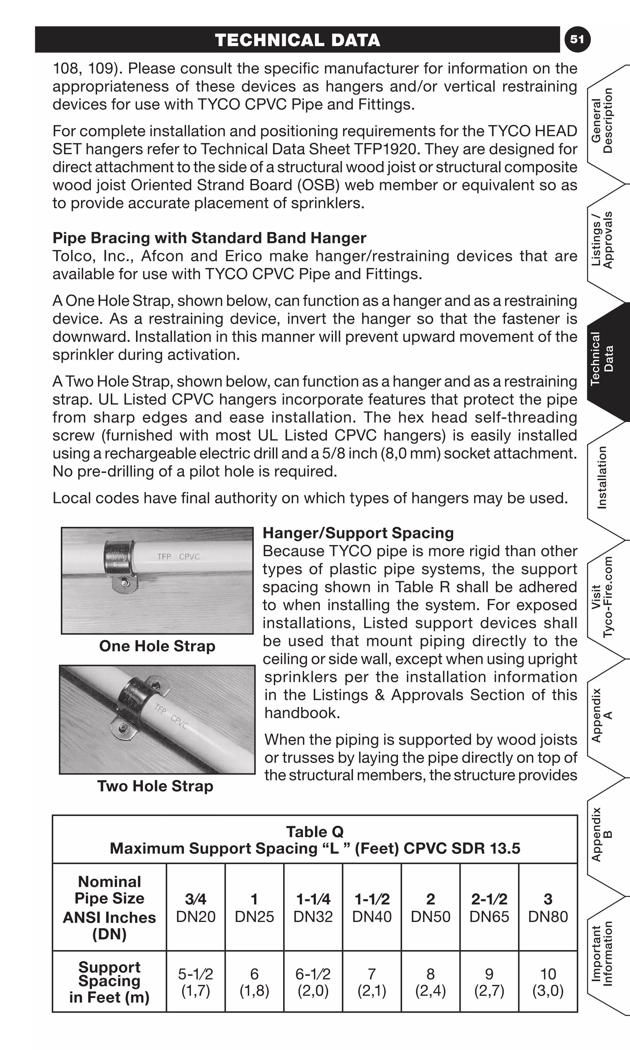 51TECHNICAL DATA
108, 109). Please consult the specific manufacturer for information on the
appropriateness of these devices as hangers and/or vertical restraining
devices for use with TYCO CPVC Pipe and Fittings.
For complete installation and positioning requirements for the TYCO HEAD
SET hangers refer to Technical Data Sheet TFP1920. They are designed for
direct attachment to the side of a structural wood joist or structural composite
wood joist Oriented Strand Board (OSB) web member or equivalent so as
to provide accurate placement of sprinklers.
Pipe Bracing with Standard Band Hanger
Tolco, Inc., Afcon and Erico make hanger/restraining devices that are
available for use with TYCO CPVC Pipe and Fittings.
A One Hole Strap, shown below, can function as a hanger and as a restraining
device. As a restraining device, invert the hanger so that the fastener is
downward. Installation in this manner will prevent upward movement of the
sprinkler during activation.
A Two Hole Strap, shown below, can function as a hanger and as a restraining
strap. UL Listed CPVC hangers incorporate features that protect the pipe
from sharp edges and ease installation. The hex head self-threading
screw (furnished with most UL Listed CPVC hangers) is easily installed
using a rechargeable electric drill and a 5/8 inch (8,0 mm) socket attachment.
No pre-drilling of a pilot hole is required.
Local codes have final authority on which types of hangers may be used.
Hanger/Support Spacing
Because TYCO pipe is more rigid than other
types of plastic pipe systems, the support
spacing shown in Table R shall be adhered
to when installing the system. For exposed
installations, Listed support devices shall
be used that mount piping directly to the
ceiling or side wall, except when using upright
sprinklers per the installation information
in the Listings  Approvals Section of this
handbook.
When the piping is supported by wood joists
or trusses by laying the pipe directly on top of
the structural members, the structure provides
One Hole Strap
Two Hole Strap
Table Q
Maximum Support Spacing “L ” (Feet) CPVC SDR 13.5
Nominal
Pipe Size
ANSI Inches
(DN)
3⁄4
DN20
1
DN25
1-1⁄4
DN32
1-1⁄2
DN40
2
DN50
2-1⁄2
DN65
3
DN80
Support
Spacing
in Feet (m)
5-1⁄2
(1,7)
6
(1,8)
6-1⁄2
(2,0)
7
(2,1)
8
(2,4)
9
(2,7)
10
(3,0)
General
Description
Listings/
Approvals
Technical
Data
Installation
Visit
Tyco-Fire.com
Appendix
A
Appendix
B
Important
Information
 