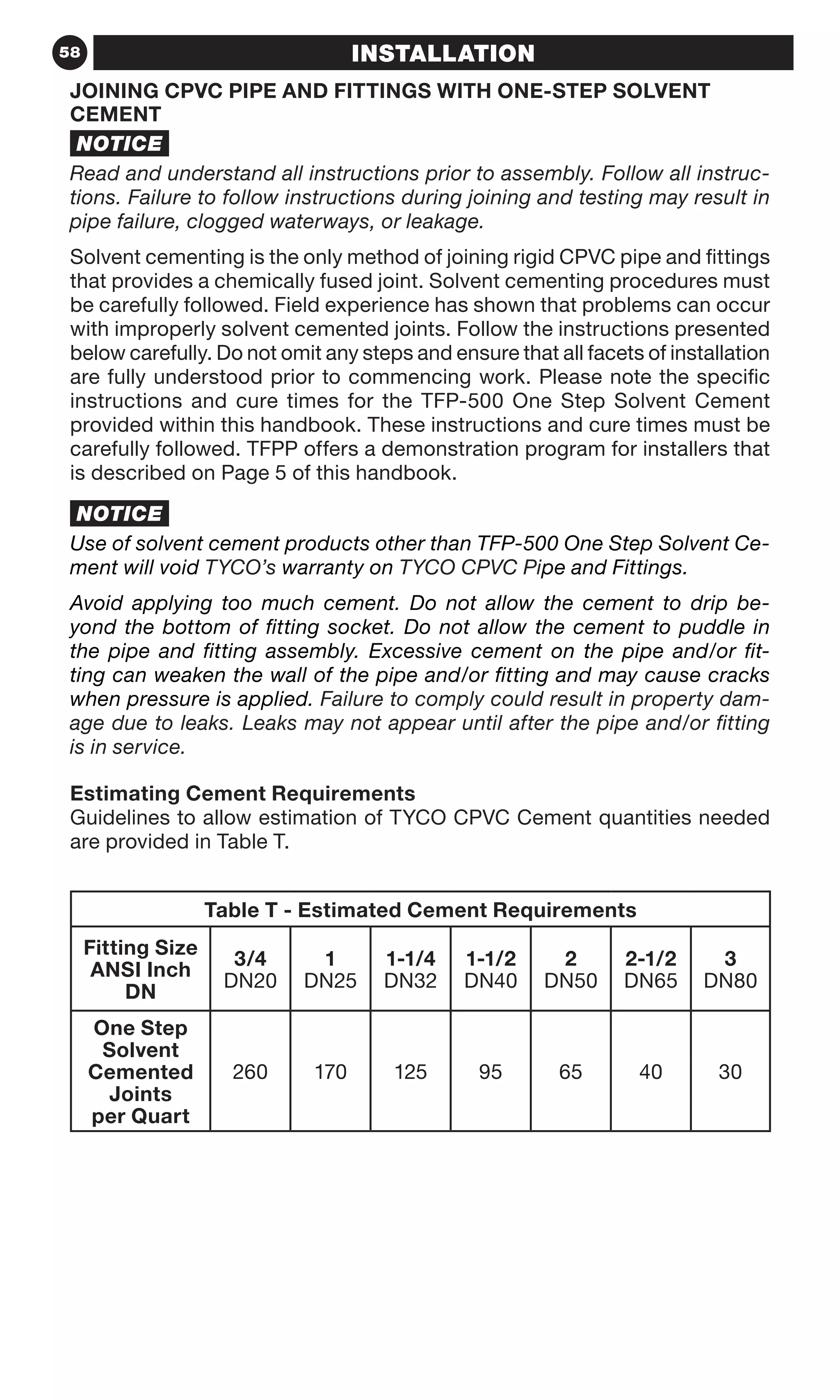 58 INSTALLATIONINSTALLATION
JOINING CPVC PIPE AND FITTINGS WITH ONE-STEP SOLVENT
CEMENT
NOTICE
Read and understand all instructions prior to assembly. Follow all instruc-
tions. Failure to follow instructions during joining and testing may result in
pipe failure, clogged waterways, or leakage.
Solvent cementing is the only method of joining rigid CPVC pipe and fittings
that provides a chemically fused joint. Solvent cementing procedures must
be carefully followed. Field experience has shown that problems can occur
with improperly solvent cemented joints. Follow the instructions presented
below carefully. Do not omit any steps and ensure that all facets of installation
are fully understood prior to commencing work. Please note the specific
instructions and cure times for the TFP-500 One Step Solvent Cement
provided within this handbook. These instructions and cure times must be
carefully followed. TFPP offers a demonstration program for installers that
is described on Page 5 of this handbook.
NOTICE
Use of solvent cement products other than TFP-500 One Step Solvent Ce-
ment will void TYCO’s warranty on TYCO CPVC Pipe and Fittings.
Avoid applying too much cement. Do not allow the cement to drip be-
yond the bottom of fitting socket. Do not allow the cement to puddle in
the pipe and fitting assembly. Excessive cement on the pipe and/or fit-
ting can weaken the wall of the pipe and/or fitting and may cause cracks
when pressure is applied. Failure to comply could result in property dam-
age due to leaks. Leaks may not appear until after the pipe and/or fitting
is in service.
Estimating Cement Requirements
Guidelines to allow estimation of TYCO CPVC Cement quantities needed
are provided in Table T.
Table T - Estimated Cement Requirements
Fitting Size
ANSI Inch
DN
3/4
DN20
1
DN25
1-1/4
DN32
1-1/2
DN40
2
DN50
2-1/2
DN65
3
DN80
One Step
Solvent
Cemented
Joints
per Quart
260 170 125 95 65 40 30
 