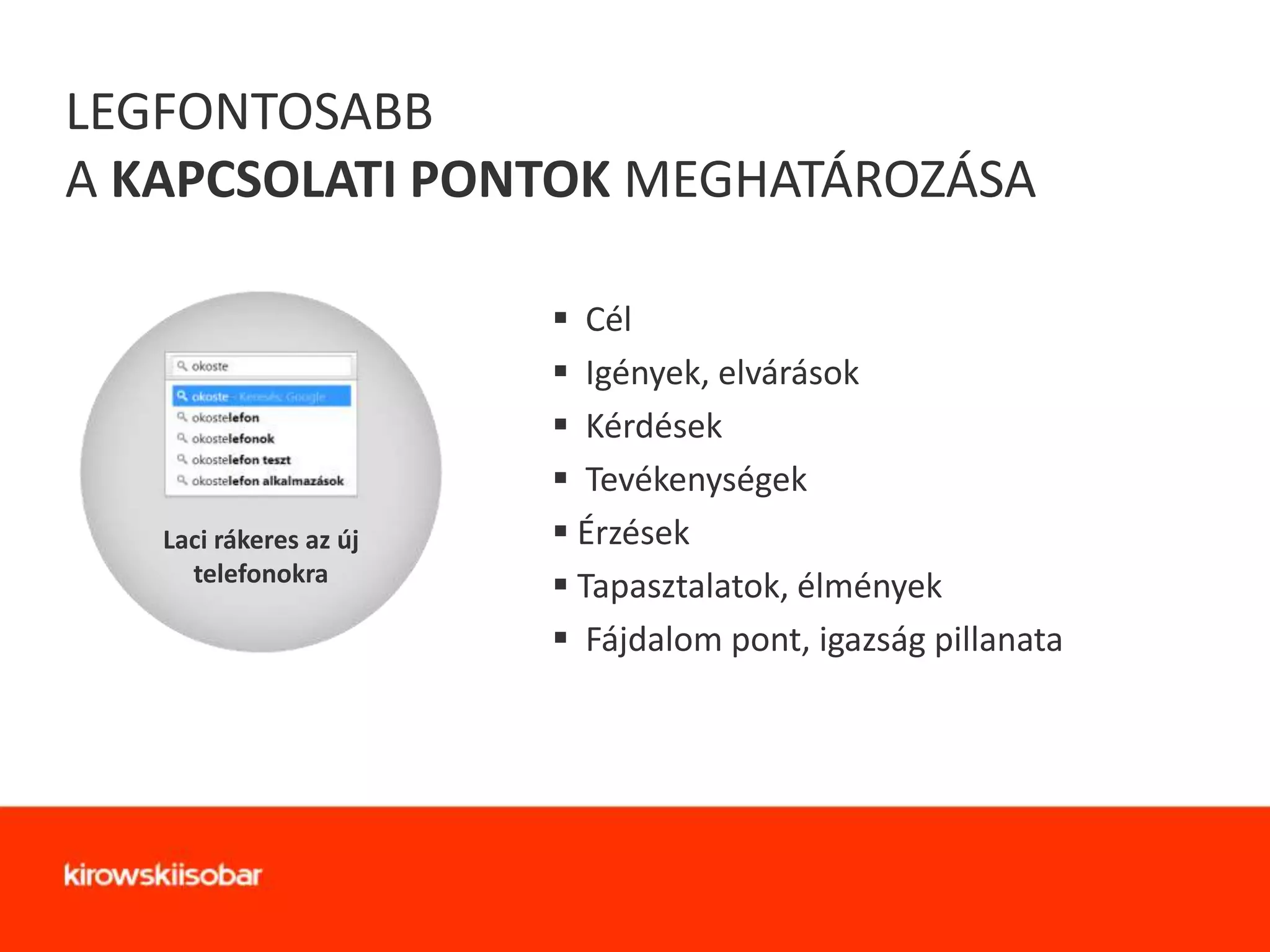 LEGFONTOSABB
A KAPCSOLATI PONTOK MEGHATÁROZÁSA

Laci rákeres az új
telefonokra

 Cél
 Igények, elvárások
 Kérdések
 Tevékenységek
 Érzések
 Tapasztalatok, élmények
 Fájdalom pont, igazság pillanata

 