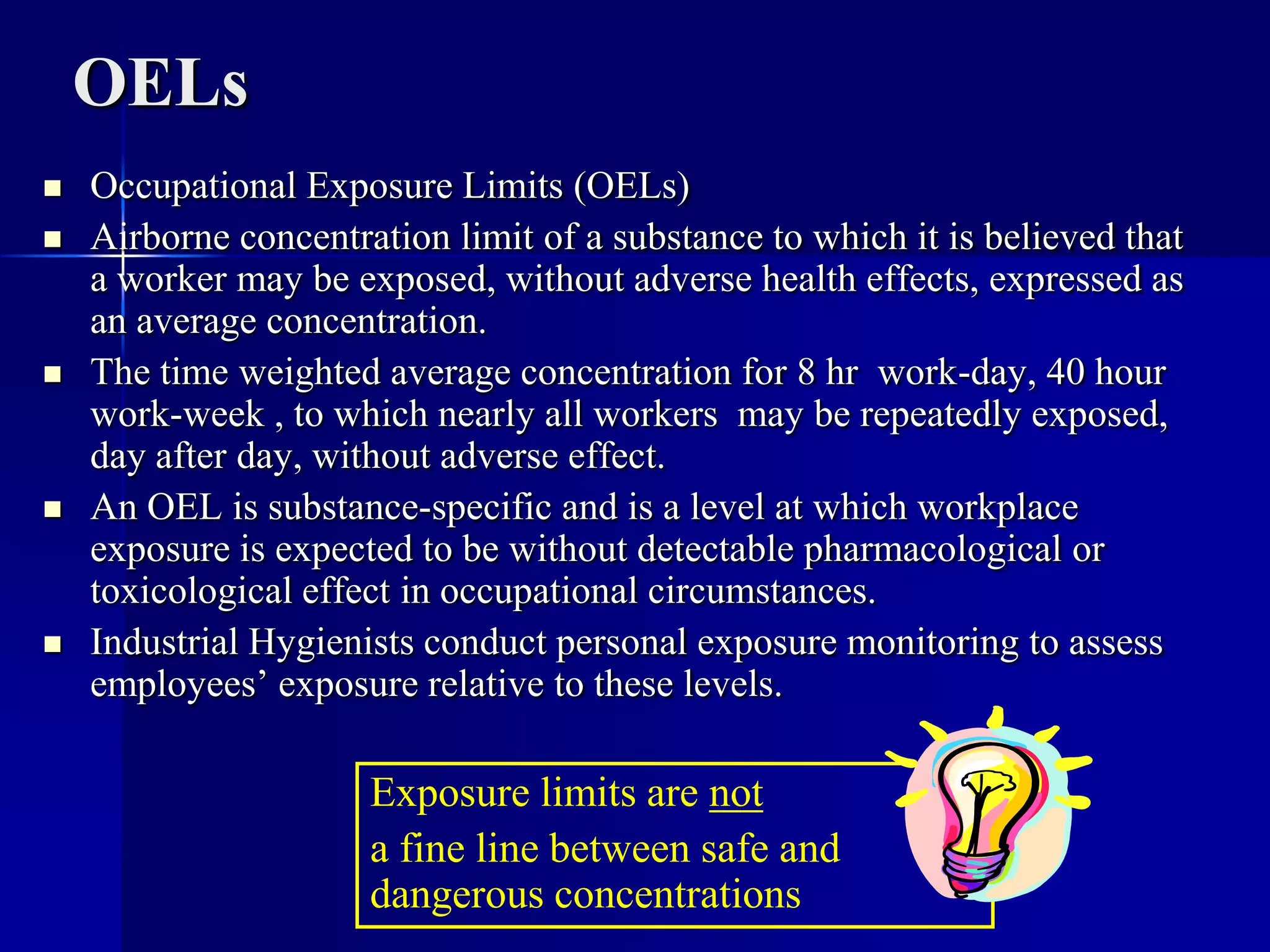 OELs
 Occupational Exposure Limits (OELs)
 Airborne concentration limit of a substance to which it is believed that
a worker may be exposed, without adverse health effects, expressed as
an average concentration.
 The time weighted average concentration for 8 hr work-day, 40 hour
work-week , to which nearly all workers may be repeatedly exposed,
day after day, without adverse effect.
 An OEL is substance-specific and is a level at which workplace
exposure is expected to be without detectable pharmacological or
toxicological effect in occupational circumstances.
 Industrial Hygienists conduct personal exposure monitoring to assess
employees’ exposure relative to these levels.
Exposure limits are not
a fine line between safe and
dangerous concentrations
 