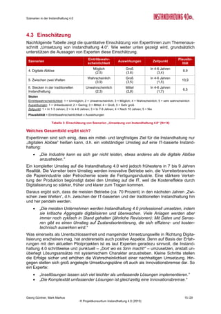 Roadmap der Instandhaltung 4.0
Georg Güntner, Michael Benisch, Andreas Dankl, Jutta Isopp (Hrsg.) 15 /59
© Projektkonsortium Instandhaltung 4.0 (2015)
gien kommen wird. D.h. Ansätze des Condition Monitoring, wie sie bereits in den vergan-
genen zehn bis fünfzehn Jahren entwickelt und zur Reife gebracht wurden, werden systema-
tisch mit verstärkter Intensität eingesetzt. Hier gibt es, wie im Forschungs-Radar (vgl. Ab-
schnitt 0) ausführlich beschrieben, eine Reihe von Forschungsfragen und Lösungsansätze.
Abbildung 3: Die Bedeutung der Instandhaltungsstrategien
heute und in fünf Jahren
Abbildung 3 (aus der Bedürfnis- und
Trendanalyse) stellt die Veränderung
der heute und in fünf Jahren erwarteten
Bedeutung von Instandhaltungsstrate-
gien dar: Während die Bedeutung von
zustandsorientierter und voraussagen-
der Instandhaltung steigt, fällt die heute
noch als die stärkste Form eingeschätz-
te reparaturorientierte korrektive In-
standhaltungsstrategie in den kommen-
den fünf Jahren auf die geringste Be-
deutung zurück.
Abbildung 4 zeigt die erwartete relative
Zu- bzw. Abnahme der Bedeutung der
Instandhaltungsstrategien in fünf Jah-
ren gegenüber dem aktuellen Stand.
Sie verdeutlicht, dass bei der voraus-
sagenden und bei der vorausbestimm-
ten Instandhaltungsstrategie ein
Wachstum im Bereich zwischen 20 %
und 30 % zu erwarten ist, während die
Bedeutung der korrektiven Instandhal-
tung in den kommenden fünf Jahren
um ca. 25% abnehmen wird.
Abbildung 4: Relative Zu- und Abnahme der
Instandhaltungsstrategien - Vergleich heute und in fünf Jahren
(in %)
2.3 Spannungsfeld Engineering – Betrieb – Instandhaltung
Die Einrichtung vernetzter cyber-physischer
Produktionssysteme stellt neue Anforderun-
gen im Spannungsfeld zwischen Anlagebe-
treiber (Produktion), Anlagen- bzw. Maschi-
nenherstellern (Engineering) und Instand-
haltung-Abteilungen bzw. Instandhaltungs-
Dienstleistern.
Durch die steigende Komplexität der Anla-
gen und die Vielzahl der interagierenden
Systeme ist es auf technologischer, aber
auch auf organisatorischer Ebene zwingend
notwendig, die Verteilung von Daten und
Informationen zwischen den drei Bereichen
und Regeln für den Zugriff darauf festzule-
gen.
Abbildung 5: Spannungsfeld Engineering - Betrieb -
Instandhaltung
 