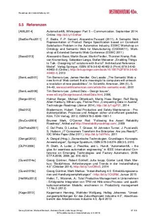 Roadmap der Instandhaltung 4.0
Georg Güntner, Michael Benisch, Andreas Dankl, Jutta Isopp (Hrsg.) 57 /59
© Projektkonsortium Instandhaltung 4.0 (2015)
5.5 Referenzen
[AML2014] AutomationML Whitepaper Part 5 – Communication. September 2014.
Online: http://bit.ly/1EniKwr
[BadSerPas2011] F. Badra, F.-P. Servant, Alexandre Passant (2011), A Semantic Web
Representation of Product Range Specification based on Constraint
Satisfaction Problem in the Automotive Industry, ESWC Workshop on
Ontology and Semantic Web for Manufacturing (OSEMA'11), Work-
shop at Extended Semantic Web Conference (ESWC 2011)
[Bassi2013] Alessandro Bassi, Martin Bauer, Martin Fiedler, Thorsten Kramp, Rob
van Kranenburg, Sebastian Lange, Stefan Meissner: „Enabling Things
to Talk - Designing IoT solutions with the IoT Architectural Reference
Model“. Verlag Springer, ISBN: 978-3-642-40402-3 (Print) 978-3-642-
40403-0 (Online), http://link.springer.com/book/10.1007%2F978-3-642-
40403-0, 2013
[BernLee2001] Tim Berners-Lee, James Hendler, Ora Lassila: „The Semantic Web: a
new form of Web content that is meaningful to computers will unleash
a revolution of new possibilities“, In: Scientific American, 284 (5), S.
34–43, www.scientificamerican.com/article/the-semantic-web/, 2001
[BernLee2006] Tim Berners-Lee: „Linked Data – Design Issues“,
www.w3.org/DesignIssues/LinkedData.html, 2006,
[Berger2014] Helmut Berger, Michael Dittenbach, Marita Haas Berger, Ralf Bierig,
Allan Hanbury, Mihai Lupu, Florina Piroi: „Conquering Data in Austria“,
Technologie-Roadmap (Jänner 2014), http://bit.ly/1sjyP21, 2014
[Bie2012] Biedermann, Hubert: Total Productive and Safety Maintenance - Pro-
duktionsstätten, Prozesse und Anlagen sicher und effizient gestalten,
Köln, TÜV-Verlag, 2012, ISBN 978-3-8249-1581-1
[BruCon2009] Brunner Mark, O’Connor Rod: “Following the Asset Reliability
Roadmap”, Artikel auf http://thereliabilityroadmap.com/, 2009
[DelPrete2001] C. Del Prete, D. Levitas, T. Grieser, M. Johnston Turner, J. Pucciarelli,
S. Hudson: „IT Consumers Transform the Enterprise: Are you Ready?“,
IDC White Paper (Mai 2011), http://bit.ly/1d1Pkfo, 2011
[Dengel2012] A. Dengel (Hrsg.): „Semantische Technologien. Grundlagen. Konzepte.
Anwendungen“, Springer Spektrum, ISBN 978-3-8274-2663-5, 2010.
[DLPH2008] R. Drath, A. Luder, J. Peschke, and L. Hundt, “AutomationML – the
glue for seamless automation engineering” in IEEE International Con-
ference on Emerging Technologies and Factory Automation, 2008.
ETFA 2008, 2008, pp. 616–623.
[Guen2014a] Georg Güntner, Robert Eckhoff, Jutta Isopp, Günter Loidl, Mark Mar-
kus: “Bedürfnisse, Anforderungen und Trends in der Instandhaltung
4.0” (Oktober 2014), http://bit.ly/1zvOWxS, 2014
[Guen2015b] Georg Güntner, Mark Markus: “Instandhaltung 4.0: Entwicklungsszena-
rien und Handlungsempfehlungen” - http://bit.ly/1Ot2Rbf, Januar 2015
[HellWiz2012] Heller, T., Wizorrek, A.: Total Productive Management in Unternehmen
- Erfolgreiche Integration von TPM mit Hilfe eines Prozess- und qualifi-
kationsorientierten Modells; erschienen in: Productivity management
17 No.2 (2012)
[Kager2013] Kagermann Henning, Wahlster Wolfgang, Helbig Johannes: “Umset-
zungsempfehlungen für das Zukunftsprojekt Industrie 4.0”, Abschluss-
bericht des Arbeitskreises Industrie 4.0, April 2013
 