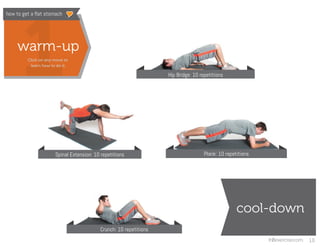 1
warm-up
cool-down
Plank: 10 repetitions
Spinal Extension: 10 repetitions
Crunch: 10 repetitions
Hip Bridge: 10 repetitio...