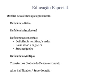 Educação Especial Destina-se a alunos que apresentam: Deficiência física Deficiência intelectual Deficiências sensoriais Deficiência auditiva / surdez Baixa visão / cegueira Surdocegueira Deficiência Múltipla Transtornos Globais do Desenvolvimento Altas habilidades / Superdotação 