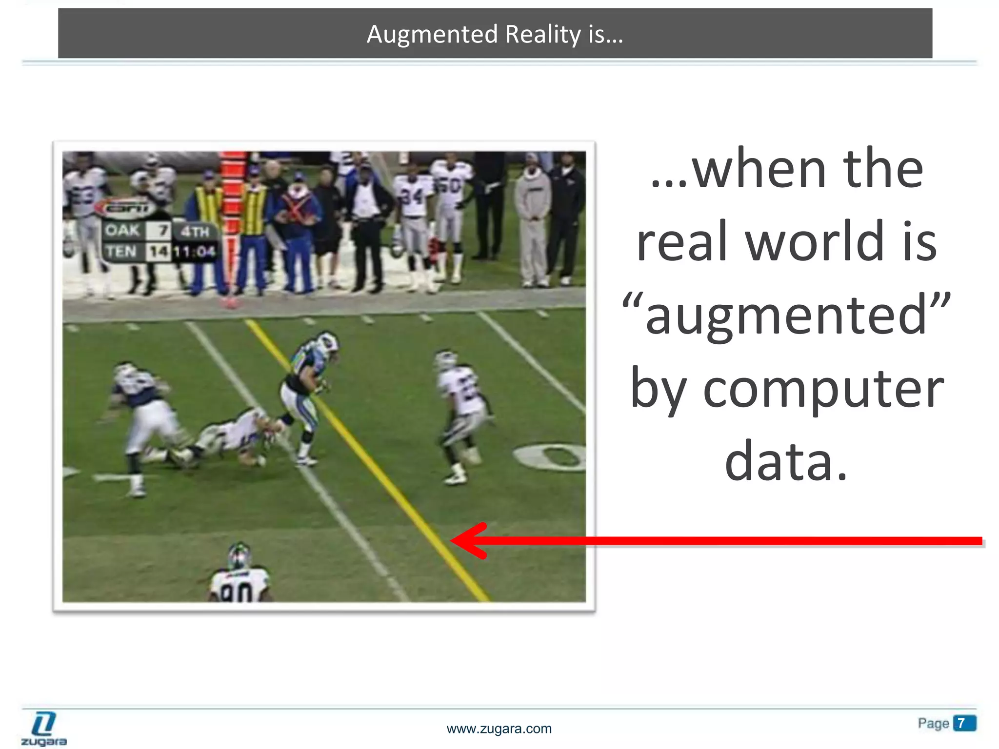 Augmented Reality is……when the real world is “augmented” by computer data.