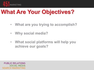 • What are you trying to accomplish?
• Why social media?
• What social platforms will help you
achieve our goals?
What Are Your Objectives?
 