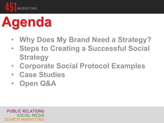Agenda
• Why Does My Brand Need a Strategy?
• Steps to Creating a Successful Social
Strategy
• Corporate Social Protocol Examples
• Case Studies
• Open Q&A
 