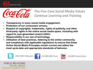 • Transparency in every social media engagement.
• Protection of our consumers' privacy.
• Respect of copyrights, trademarks, rights of publicity, and other
third-party rights in the online social media space, including with
regard to user-generated content (UGC).
• Responsibility in our use of technology.
• Utilization of best practices, listening to the online community,
and compliance with applicable regulations to ensure that these
Online Social Media Principles remain current and reflect the
most up-to-date and appropriate standards of behavior.
The Five Core Social Media Values
Continue Learning and Training
>487,000 Followers >39,000,000 Fans >58,000 Subscribers
 