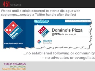 …no established following or community
– no advocates or evangelists
Waited until a crisis occurred to start a dialogue with
customers…created a Twitter handle after the fact
 