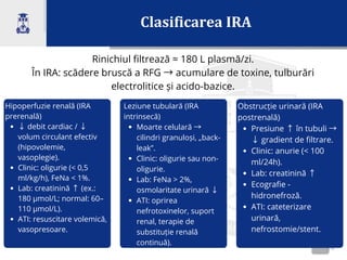 Clasificarea IRA
2
Rinichiul filtrează ≈ 180 L plasmă/zi.
În IRA: scădere bruscă a RFG →acumulare de toxine, tulburări
electrolitice și acido-bazice.
Hipoperfuzie renală (IRA
prerenală)
↓debit cardiac / ↓
volum circulant efectiv
(hipovolemie,
vasoplegie).
Clinic: oligurie (< 0,5
ml/kg/h), FeNa < 1%.
Lab: creatinină ↑(ex.:
180 µmol/L; normal: 60–
110 µmol/L).
ATI: resuscitare volemică,
vasopresoare.
Leziune tubulară (IRA
intrinsecă)
Moarte celulară →
cilindri granuloși, „back-
leak”.
Clinic: oligurie sau non-
oligurie.
Lab: FeNa > 2%,
osmolaritate urinară ↓
ATI: oprirea
nefrotoxinelor, suport
renal, terapie de
substituție renală
continuă).
Obstrucție urinară (IRA
postrenală)
Presiune ↑în tubuli →
↓gradient de filtrare.
Clinic: anurie (< 100
ml/24h).
Lab: creatinină ↑
Ecografie -
hidronefroză.
ATI: cateterizare
urinară,
nefrostomie/stent.
 