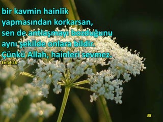 bir kavmin hainlik
yapmasından korkarsan,
sen de antlaşmayı bozduğunu
aynı şekilde onlara bildir.
Çünkü Allah, hainleri sevmez.
Enfal-58
38
 