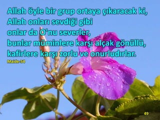 Allah öyle bir grup ortaya çıkaracak ki,
Allah onları sevdiği gibi
onlar da O'nu severler,
bunlar müminlere karşı alçak gönüllü,
kafirlere karşı zorlu ve onurludırlar.
Maide-54
49
 