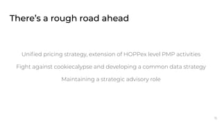 There’s a rough road ahead
Uniﬁed pricing strategy, extension of HOPPex level PMP activities
Fight against cookiecalypse a...