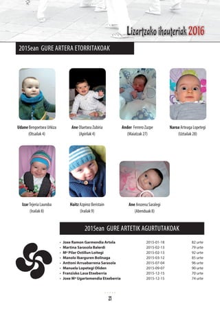 2015ean GURE ARTETIK agurtutakoak
•	 Joxe Ramon Garmendia Artola	 2015-01-18	 82 urte
•	 Martina Sarasola Balerdi	 2015-02-13	 79 urte
•	 Mª Pilar Ostillun Loitegi	 2015-02-13	 92 urte
•	 Manolo Ibarguren Bolinaga	 2015-03-12	 85 urte
•	 Anttoni Arruabarrena Sarasola	 2015-07-04	 96 urte
•	 Manuela Lopetegi Oliden	 2015-09-07	 90 urte
•	 Franzisko Lasa Etxeberria	 2015-12-15	 70 urte
•	 Joxe Mª Ugartemendia Etxeberria	 2015-12-15	 74 urte
2015ean GURE ARTERA ETORRITAKOAK
Udane Bengoetxea Urkiza
(Otsailak 4)
Izar Tejeria Lauroba
(Irailak 8)
Ane Olaetxea Zubiria
(Apirilak 4)
Haitz Azpiroz Beristain
(Irailak 9)
Ander Ferrero Zazpe
(Maiatzak 27)
Ane Arozena Saralegi
(Abenduak 8)
Naroa Arteaga Lopetegi
(Uztailak 28)
Lizartzako ihauteriak 2016
21
 