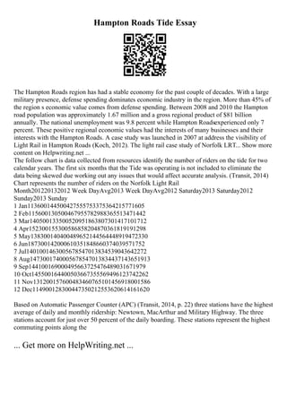 Hampton Roads Tide Essay
The Hampton Roads region has had a stable economy for the past couple of decades. With a large
military presence, defense spending dominates economic industry in the region. More than 45% of
the region s economic value comes from defense spending. Between 2008 and 2010 the Hampton
road population was approximately 1.67 million and a gross regional product of $81 billion
annually. The national unemployment was 9.8 percent while Hampton Roadsexperienced only 7
percent. These positive regional economic values had the interests of many businesses and their
interests with the Hampton Roads. A case study was launched in 2007 at address the visibility of
Light Rail in Hampton Roads (Koch, 2012). The light rail case study of Norfolk LRT... Show more
content on Helpwriting.net ...
The follow chart is data collected from resources identify the number of riders on the tide for two
calendar years. The first six months that the Tide was operating is not included to eliminate the
data being skewed due working out any issues that would affect accurate analysis. (Transit, 2014)
Chart represents the number of riders on the Norfolk Light Rail
Month201220132012 Week DayAvg2013 Week DayAvg2012 Saturday2013 Saturday2012
Sunday2013 Sunday
1 Jan113600144500427555753375364215771605
2 Feb115600130500467955782988365513471442
3 Mar140500133500520951863807301417101712
4 Apr152300155300586858204870361819191298
5 May138300140400489652144564448919472330
6 Jun187300142000610351848660374039571752
7 Jul1401001463005678547013834539043642272
8 Aug1473001740005678547013834437143651913
9 Sep144100169000495663725476489031671979
10 Oct145500164400503667355569496123742262
11 Nov131200157600483460765101456918001586
12 Dec114900128300447350212553620614161620
Based on Automatic Passenger Counter (APC) (Transit, 2014, p. 22) three stations have the highest
average of daily and monthly ridership: Newtown, MacArthur and Military Highway. The three
stations account for just over 50 percent of the daily boarding. These stations represent the highest
commuting points along the
... Get more on HelpWriting.net ...
 