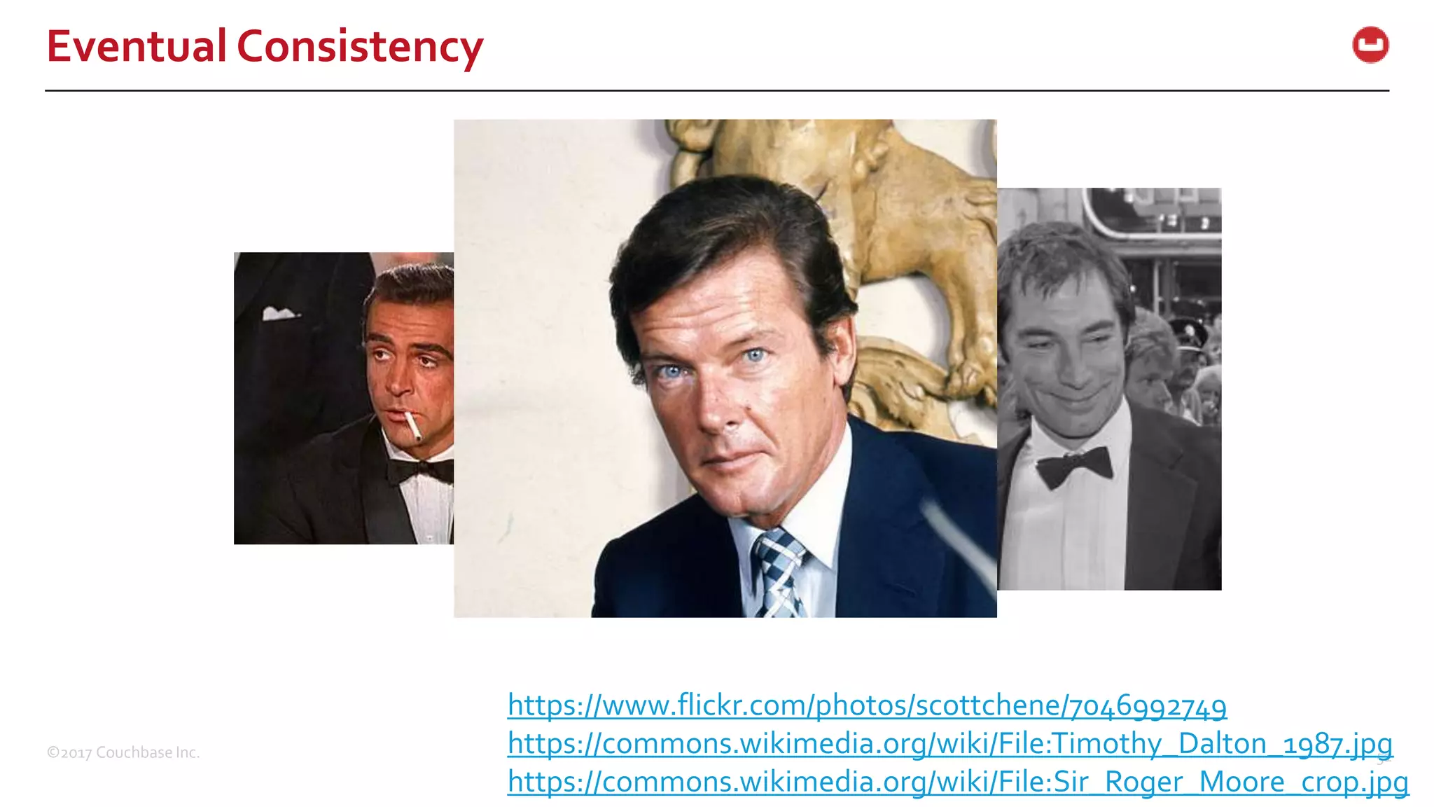 ©2017 Couchbase Inc. 51
Eventual Consistency
https://www.flickr.com/photos/scottchene/7046992749
https://commons.wikimedia.org/wiki/File:Timothy_Dalton_1987.jpg
https://commons.wikimedia.org/wiki/File:Sir_Roger_Moore_crop.jpg
 