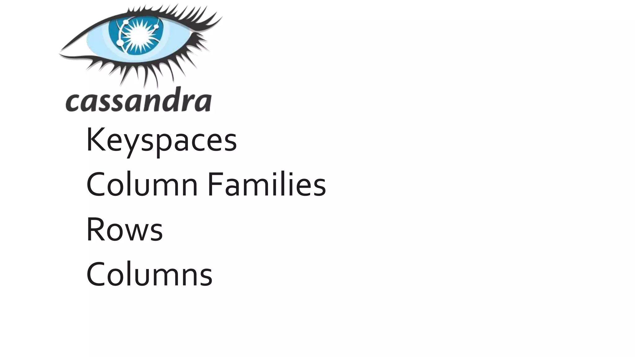 Keyspaces
Column Families
Rows
Columns
 