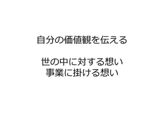 自分の価値観を伝える

世の中に対する想い
事業に掛ける想い
 